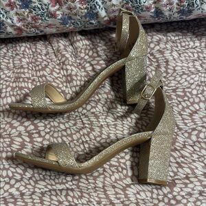 Ankis gold Open Toe Ankle Strap Chunky Heel Sandals 7 2.75 Inch heel